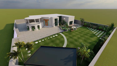 3D rendering of a modern house with a well-maintained garden and palm trees.