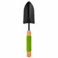 A small garden trowel with a matte black metal blade, a silver metal collar, a light brown wooden handle, and a bright green textured grip sleeve, shown against a plain white background.