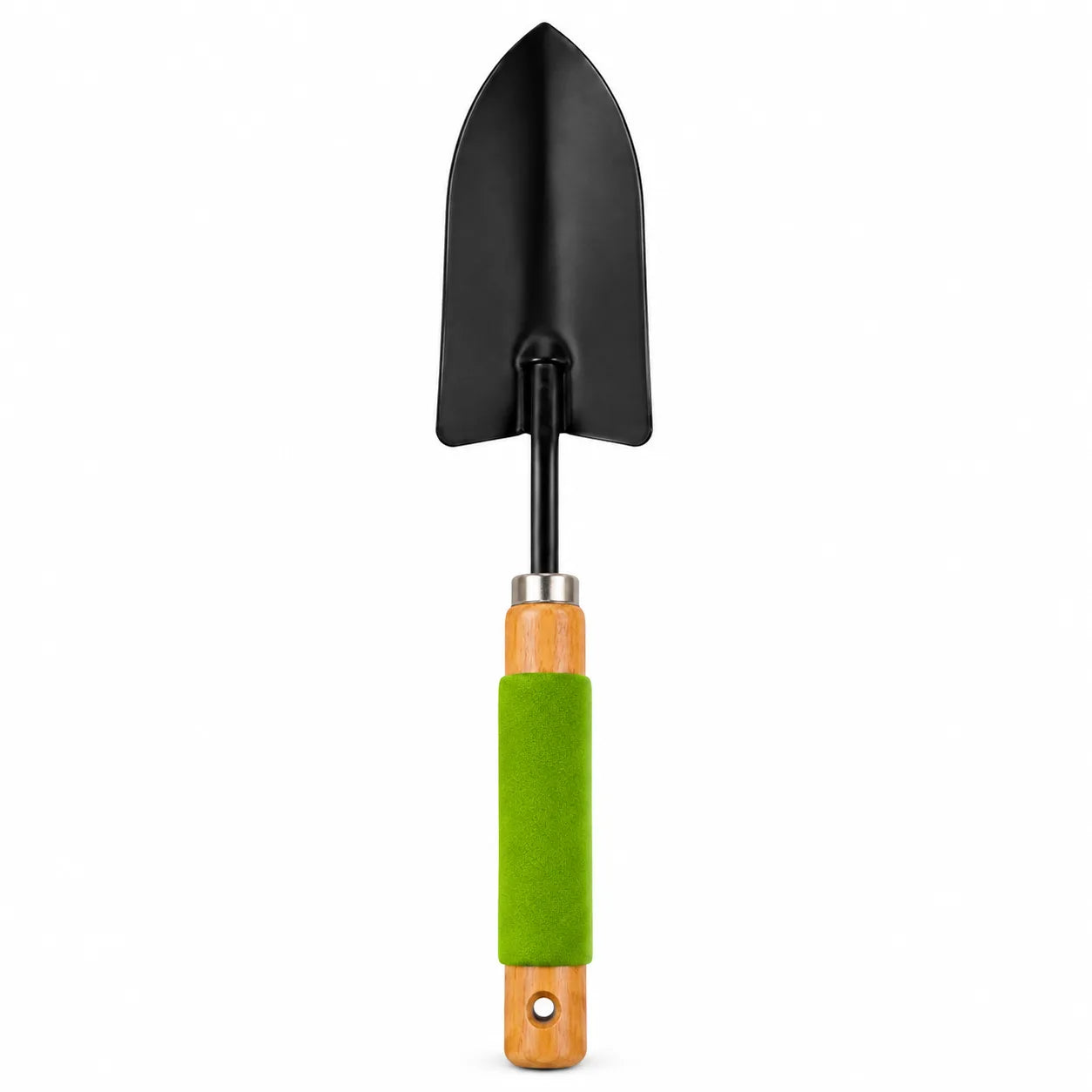 A small garden trowel with a matte black metal blade, a silver metal collar, a light brown wooden handle, and a bright green textured grip sleeve, shown against a plain white background.