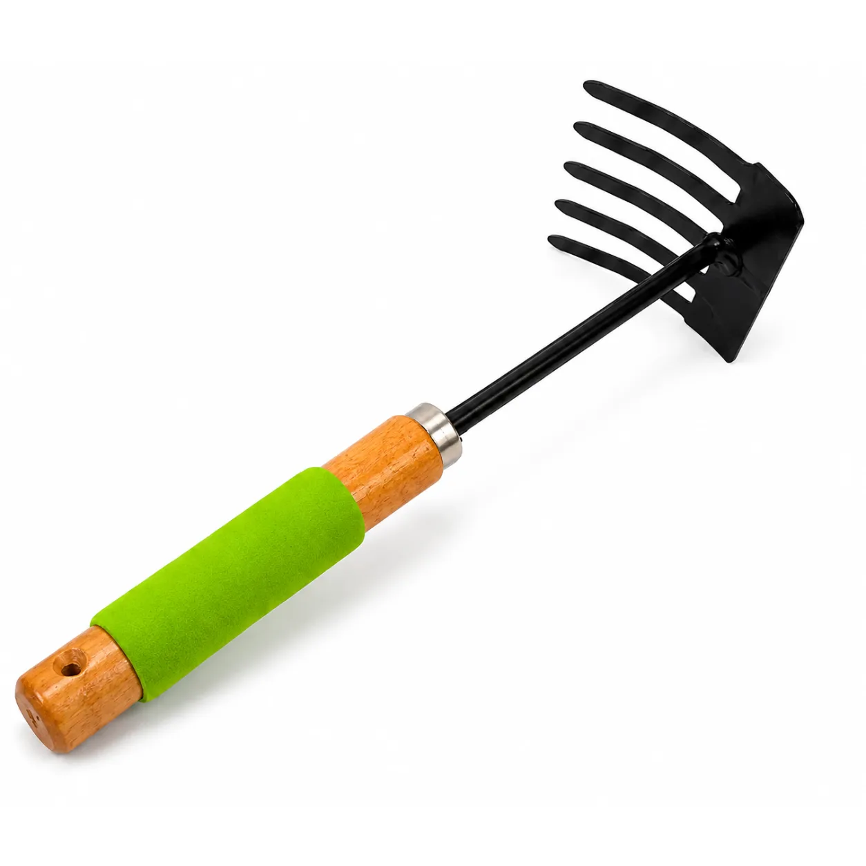 A small garden hand rake with a black metal head, a light wood handle, and a bright green foam grip, shown on a plain white background.