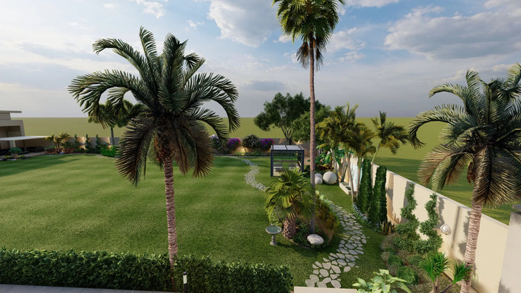 Garden with palm trees and a pathway under a blue sky