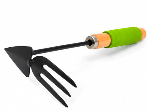 A small black metal hand garden tool with a pointed blade and three tines, featuring a cork-textured handle section and a bright green wrapped grip, shown on a plain white background.