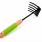 A small garden hand rake with a black metal head and a handle featuring a bright green grip and natural wood ends, shown on a plain white background.