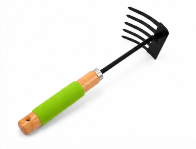 A small garden hand rake with a black metal head and a handle featuring a bright green grip and natural wood ends, shown on a plain white background.