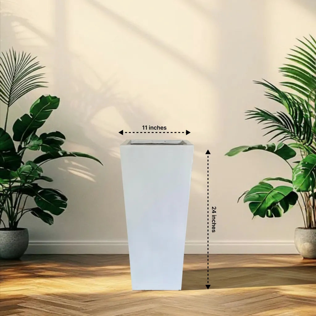 White planter with dimensions labeled, flanked by two potted plants on a wooden floor.